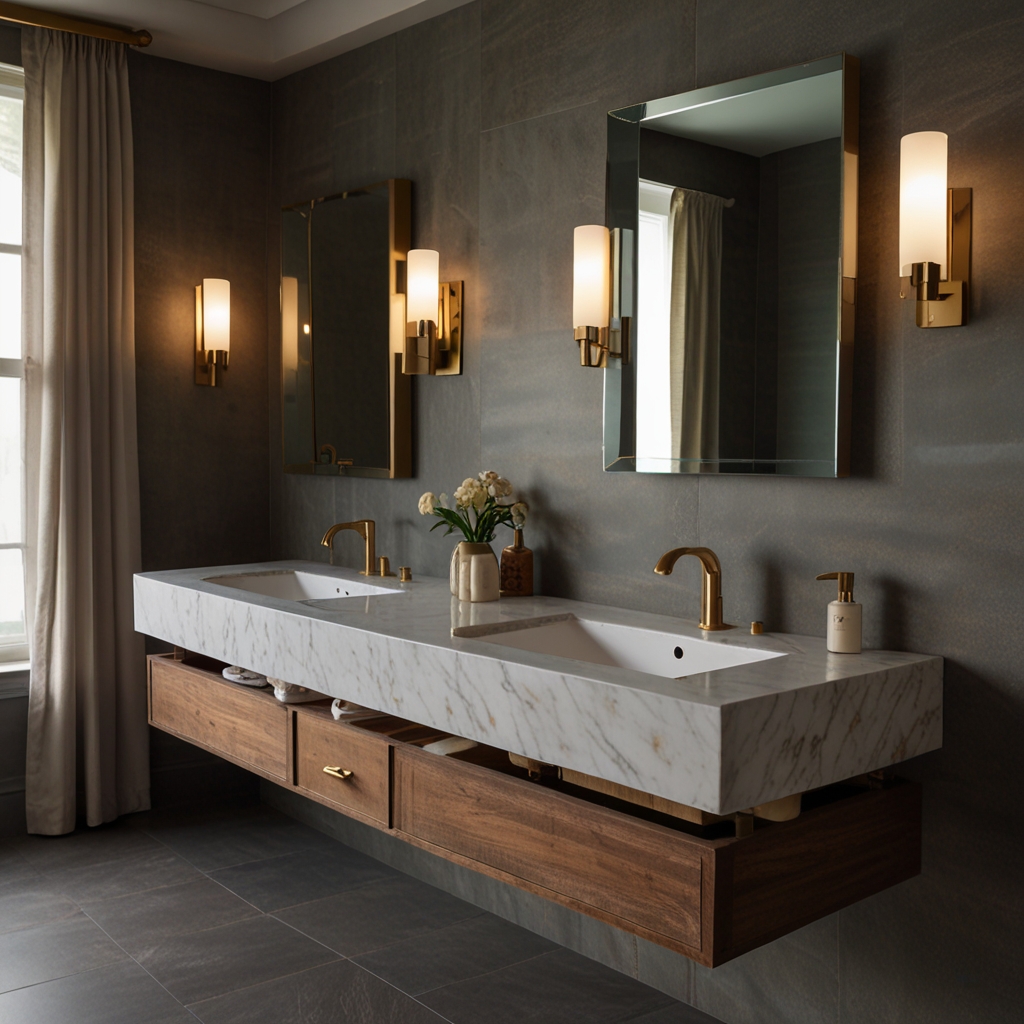 Wall-mounted mirror in a marble bathroom setup