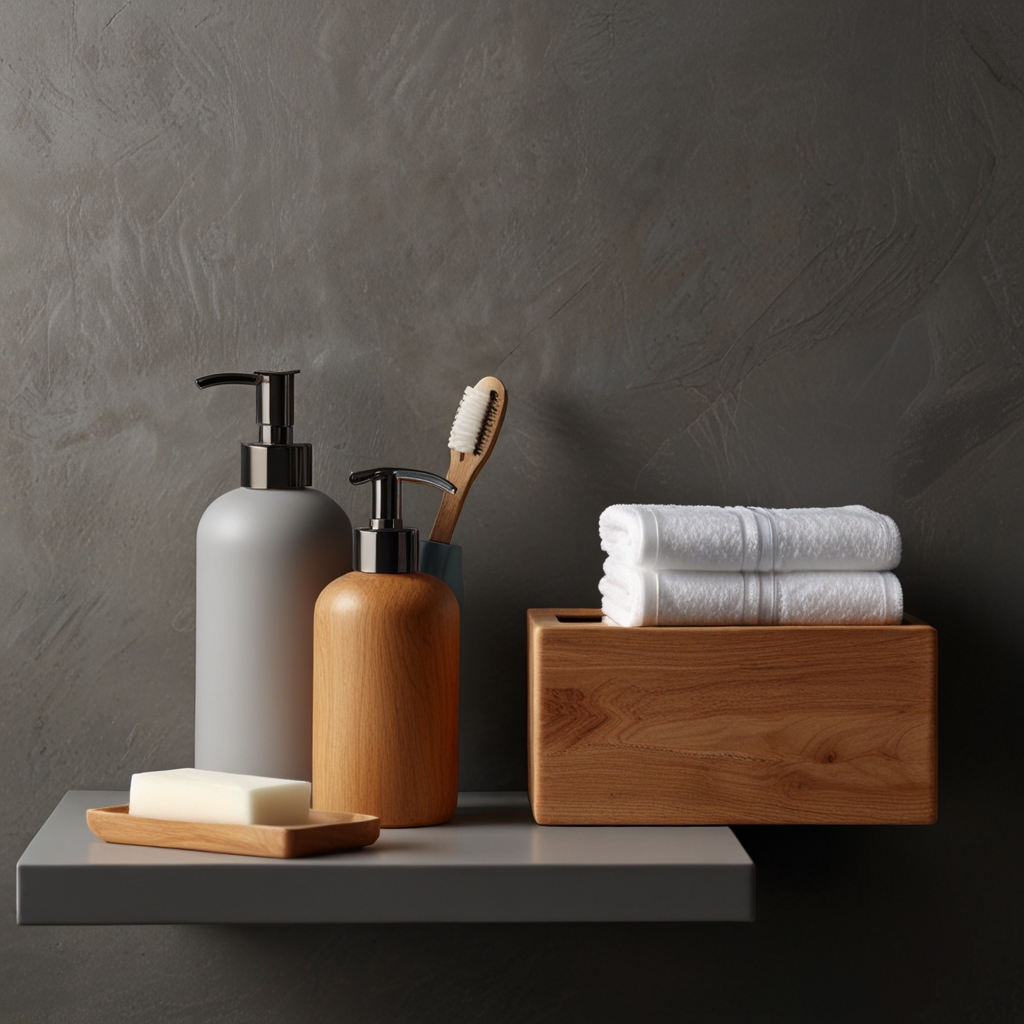 Modern bathroom featuring sleek glass shelves